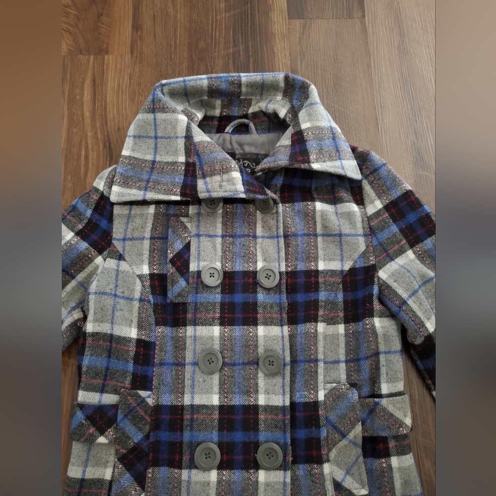 Pink Soup Double Breasted Pea Coat Navy/Gray Plaid